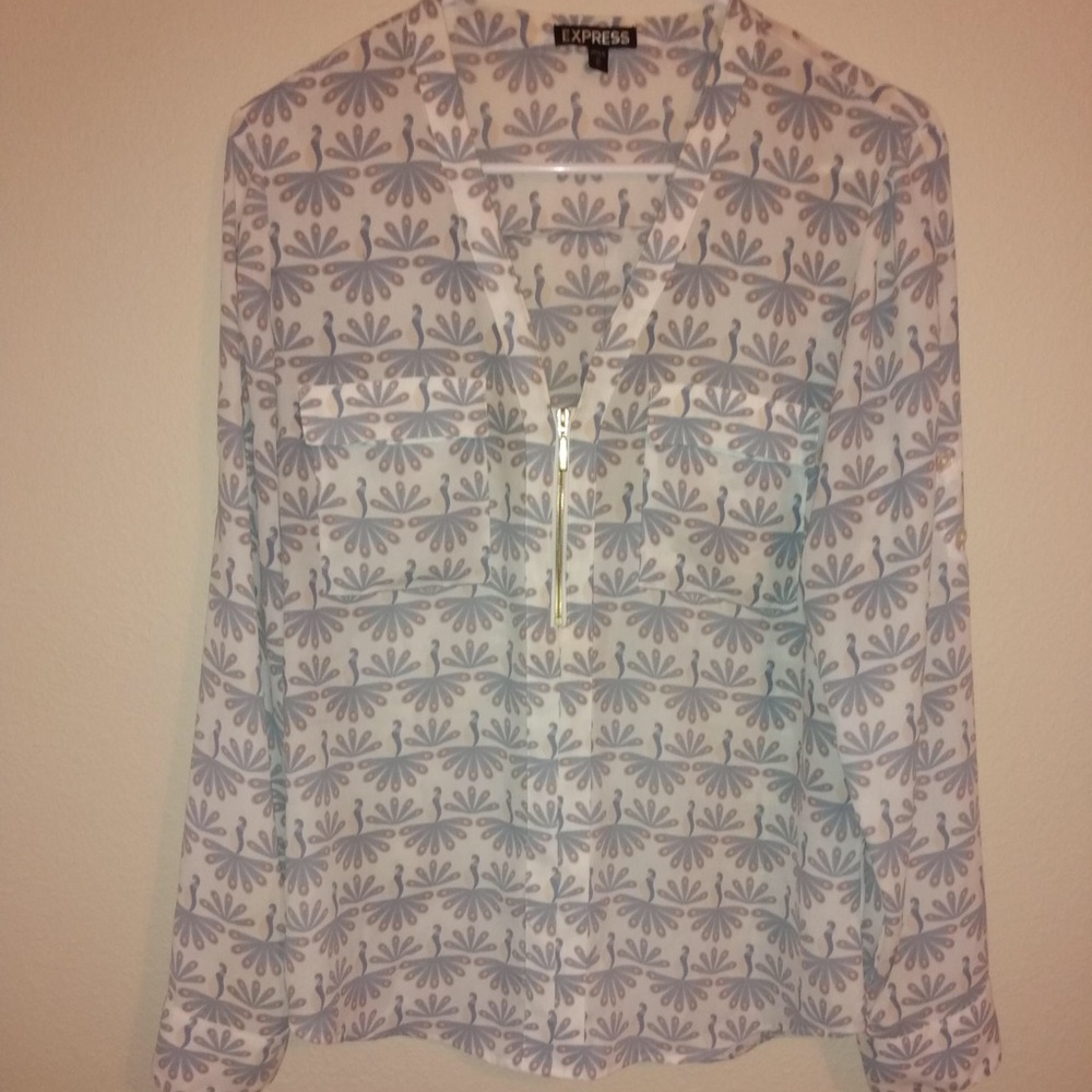 Express Peacock Print Long Sleeve Zip Front Blouse